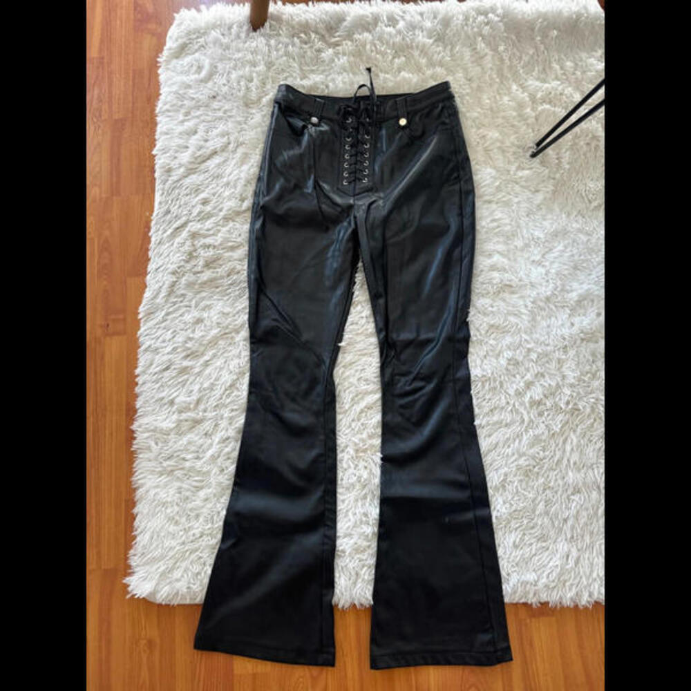 Quiz black leather flares with waist tie